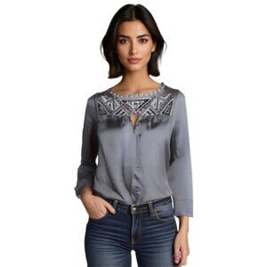 Bob Mackie Gray Satin Blouse with Embroidered Yoke